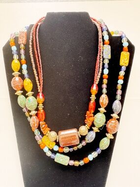 Boho Statement Necklace Set 2pcs Colorful Glass Beaded Layered Vintage Style